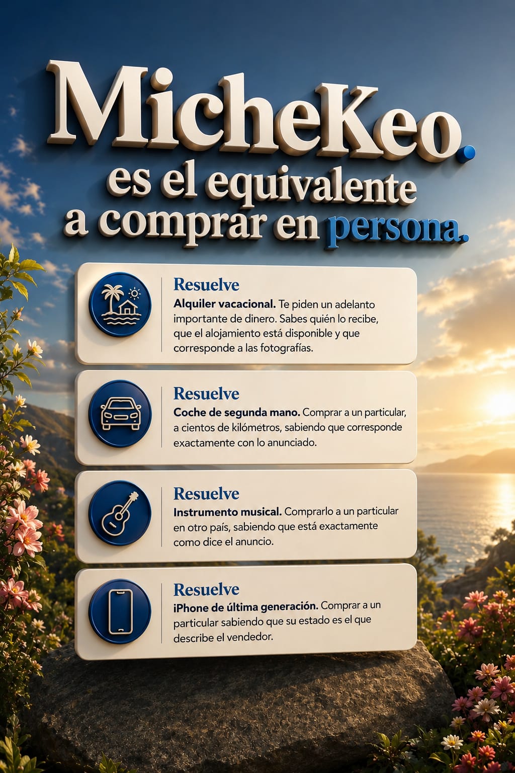 Cartel de MicheKeo con ejemplos de alquiler vacacional, coche de segunda mano, instrumento musical e iPhone.